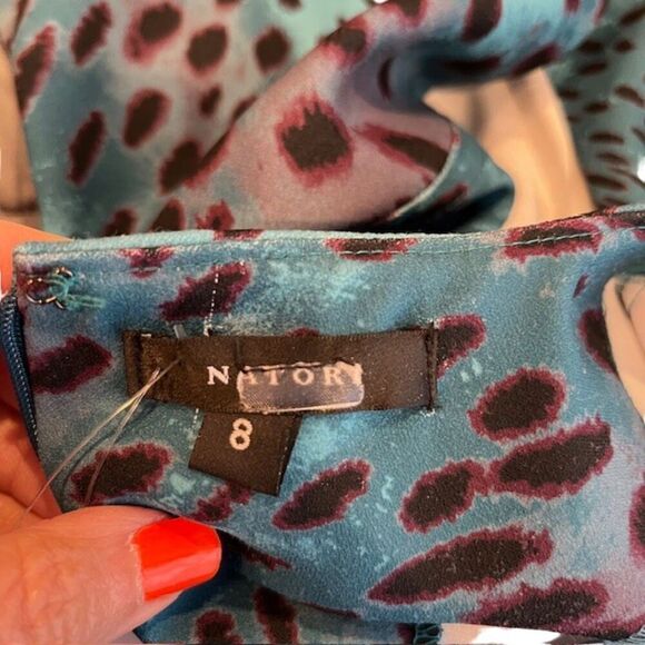 Natori Cheetah Crepe Top Stitch Dress Teal Aqua Blue 3/4 Sleeve Back Zip Size 8 - Picture 9 of 13